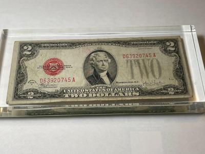Vintage Sealed 1928-F $2 Red Seal United States Note in a Lucite Acrylic Novelty Paperweight as Pictured.