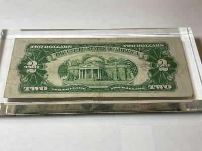 Vintage Sealed 1928-F $2 Red Seal United States Note in a Lucite Acrylic Novelty Paperweight as Pictured.