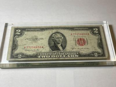 Vintage Sealed 1953-C $2 Red Seal United States Note in a Lucite Acrylic Novelty Paperweight as Pictured.