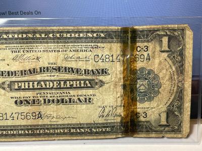 Series of 1918 $1 Philadelphia National Currency Taped in Heavily Circulated Condition as Pictured.