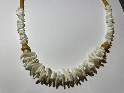 Vintage Puka Shell Necklace - 22" Long, White Chipped Seashell in VG Preowned Condition.