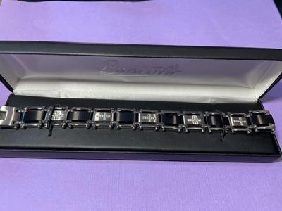 Men's Stainless Steel, Black Link & Real Diamond Cross Bracelet, 8.50" Long in New Never Worn Condition as Pictured....