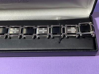 Men's Stainless Steel, Black Link & Real Diamond Cross Bracelet, 8.50" Long in New Never Worn Condition as Pictured....