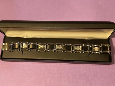 Men's Stainless Steel, Black Link & Real Diamond Cross Bracelet, 8.50" Long in New Never Worn Condition as Pictured....