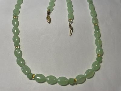 Vintage Jadeite Beaded Light Green Necklace w/Gold Tone Beads 34" Long in VG Preowned Condition.