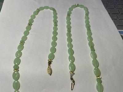 Vintage Jadeite Beaded Light Green Necklace w/Gold Tone Beads 34" Long in VG Preowned Condition.