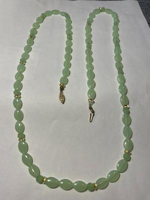 Vintage Jadeite Beaded Light Green Necklace w/Gold Tone Beads 34" Long in VG Preowned Condition.