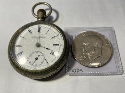 Antique Open-Faced Early Trenton Watch Company Silver-toned Pocket Watch in Not Working Condition. Needs New Crystal.