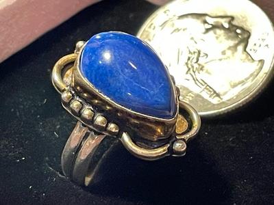 Vintage Native American Sterling Silver Lapis Stone Ring Size-9 w/Stone Imperfection Between 12 & 1 as Pictured.