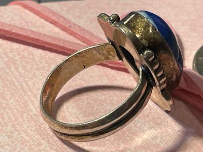 Vintage Native American Sterling Silver Lapis Stone Ring Size-9 w/Stone Imperfection Between 12 & 1 as Pictured.
