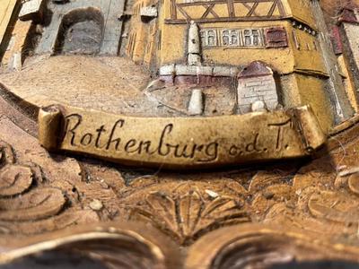 Vintage German Rothenburg Village Carved Wood Composite Plate Hand-Painted 8" Diameter.
