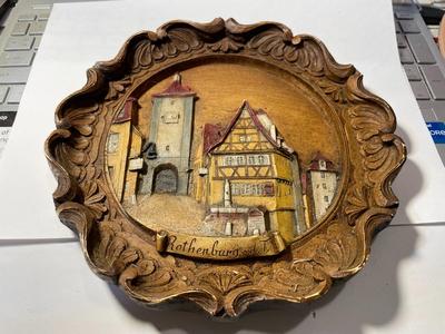 Vintage German Rothenburg Village Carved Wood Composite Plate Hand-Painted 8" Diameter.