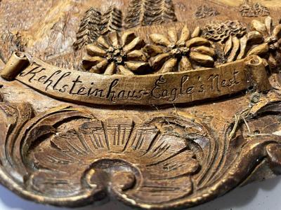 Vintage Scarce German Hitler's Eagle Nest Hideaway Carved Wood Composite Plate Hand-Painted 9" Diameter.