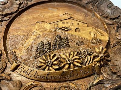 Vintage Scarce German Hitler's Eagle Nest Hideaway Carved Wood Composite Plate Hand-Painted 9" Diameter.