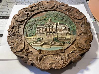 Vintage German Konigsschlog Linderhof Carved Wood Composite Plate Hand-Painted 9" Diameter.