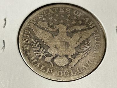 1909-S CIRCULATED CONDITION BARBER SILVER HALF DOLLAR AS PICTURED.
