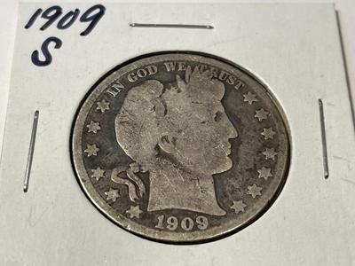 1909-S CIRCULATED CONDITION BARBER SILVER HALF DOLLAR AS PICTURED.