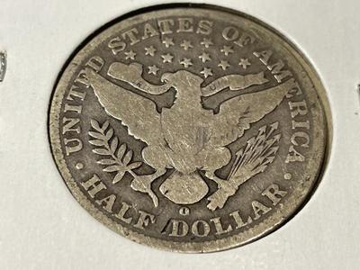 1906-O CIRCULATED CONDITION BARBER SILVER HALF DOLLAR AS PICTURED.