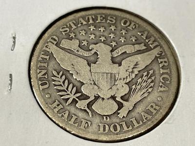 1912-D CIRCULATED CONDITION BARBER SILVER HALF DOLLAR AS PICTURED.