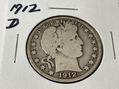 1912-D CIRCULATED CONDITION BARBER SILVER HALF DOLLAR AS PICTURED.