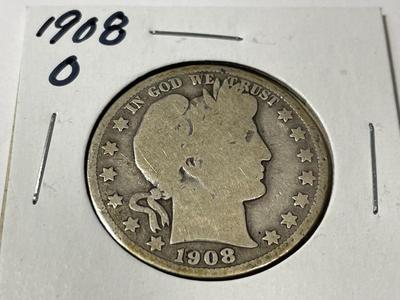 1908-O CIRCULATED CONDITION BARBER SILVER HALF DOLLAR AS PICTURED.