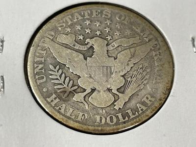 1908-O CIRCULATED CONDITION BARBER SILVER HALF DOLLAR AS PICTURED.