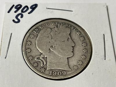 1909-S CIRCULATED CONDITION BARBER SILVER HALF DOLLAR AS PICTURED.