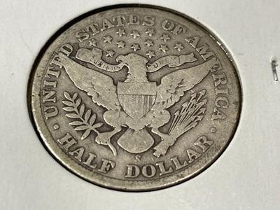 1909-S CIRCULATED CONDITION BARBER SILVER HALF DOLLAR AS PICTURED.