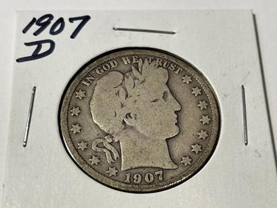 1907-D CIRCULATED CONDITION BARBER SILVER HALF DOLLAR AS PICTURED.