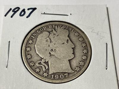 1907-P CIRCULATED CONDITION BARBER SILVER HALF DOLLAR AS PICTURED.