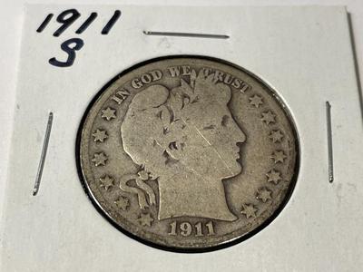 1911-S CIRCULATED CONDITION BARBER SILVER HALF DOLLAR AS PICTURED.
