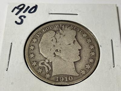 1910-S CIRCULATED CONDITION BARBER SILVER HALF DOLLAR AS PICTURED.