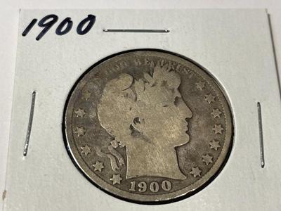 1900-P CIRCULATED CONDITION BARBER SILVER HALF DOLLAR AS PICTURED.