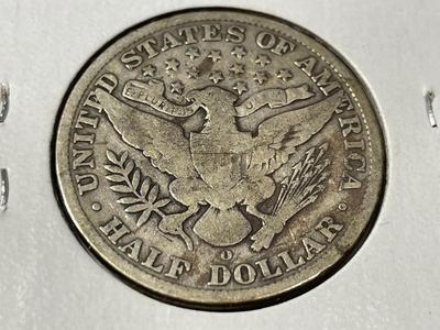 1907-O CIRCULATED CONDITION BARBER SILVER HALF DOLLAR AS PICTURED.