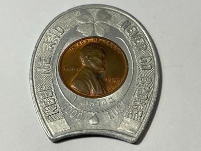 ENCASED GOOD LUCK 1949 LINCOLN CENT BY GOLDEN BREW CO PHILADELPHIA AS PICTURED.