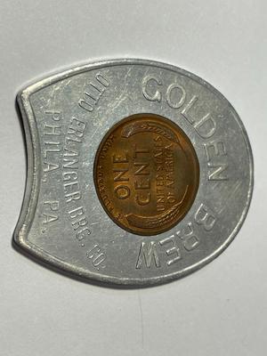 ENCASED GOOD LUCK 1949 LINCOLN CENT BY GOLDEN BREW CO PHILADELPHIA AS PICTURED.