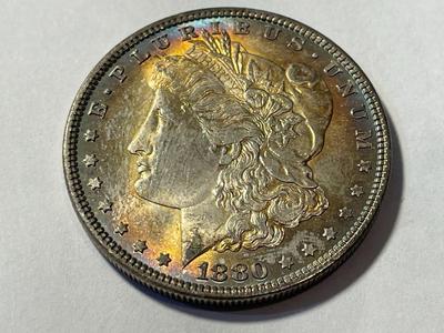 1880-P GORGEOUS RIM TONED UNCIRCULATED MORGAN SILVER DOLLAR COIN #1 AS PICTURED.