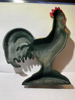 Vintage Cast Iron Rooster Painted Doorstop 8" Tall in Good Preowned Condition as Pictured.