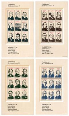 US Stamps - 1986 AMERIPEX Set of 4 Sheets of U.S. Presidents #2216-9 in Mint Condition.