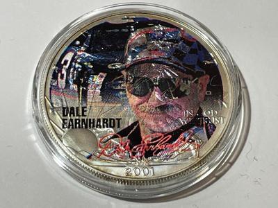 2001 NASCAR SUPERSTARS DALE EARNHARDT SR COLORIZED .999 1 OZ SILVER EAGLE w/COA AS PICTURED.