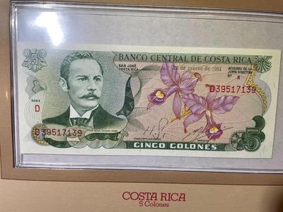 Costa Rica 5 Colones 1981 Banknote/Currency in Uncirculated Condition by Fleetwood as Pictured.