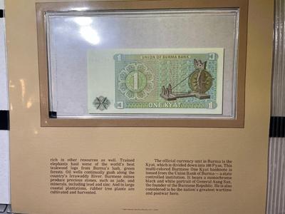 Burma 1 Kyat Banknote/Currency in Uncirculated Condition by Fleetwood as Pictured.