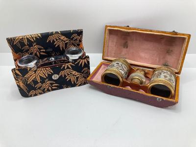 LOT 252: Pair of Stunning Mother of Pearl Opera Glasses with Cases - French Par Brevet Dinvention and Swift Princess 25X Model No 726