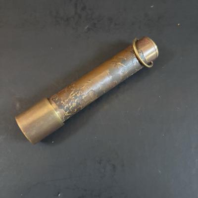 LOT 257: Pair of Vintage Brass and Copper Kaleidoscopes (1983 1728 and 1984 1538) with Glass Holding Stand