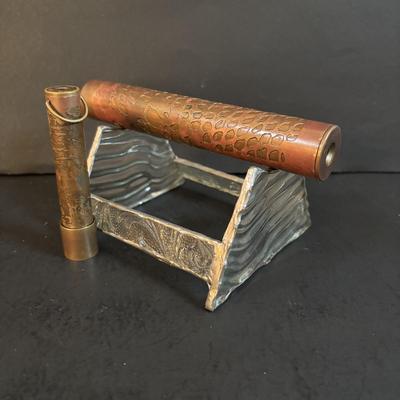 LOT 257: Pair of Vintage Brass and Copper Kaleidoscopes (1983 1728 and 1984 1538) with Glass Holding Stand