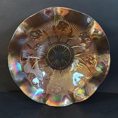 LOT 305: Vintage Glassware: Jeanette Iris & Herringbone Bowls/Platter, Marigold Carnival Glass, Amber Federal Glass Platter