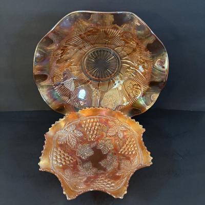 LOT 305: Vintage Glassware: Jeanette Iris & Herringbone Bowls/Platter, Marigold Carnival Glass, Amber Federal Glass Platter
