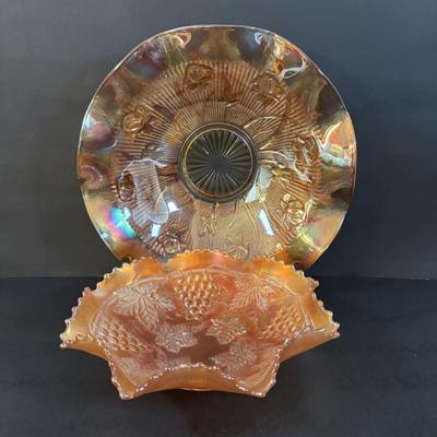 LOT 305: Vintage Glassware: Jeanette Iris & Herringbone Bowls/Platter, Marigold Carnival Glass, Amber Federal Glass Platter