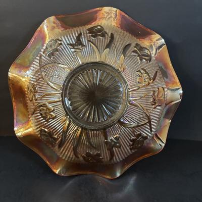 LOT 305: Vintage Glassware: Jeanette Iris & Herringbone Bowls/Platter, Marigold Carnival Glass, Amber Federal Glass Platter