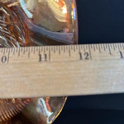 LOT 305: Vintage Glassware: Jeanette Iris & Herringbone Bowls/Platter, Marigold Carnival Glass, Amber Federal Glass Platter